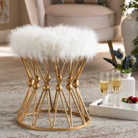 Baxton Studio FJ5A-025-White/Gold-Otto Leonie Glam and Luxe White Faux Fur Upholstered Gold Finished Metal Ottoman